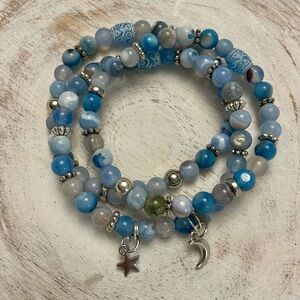 Moon & Star Charm Bracelet Set, 3, Blue agate gemstones, stretch, silver details